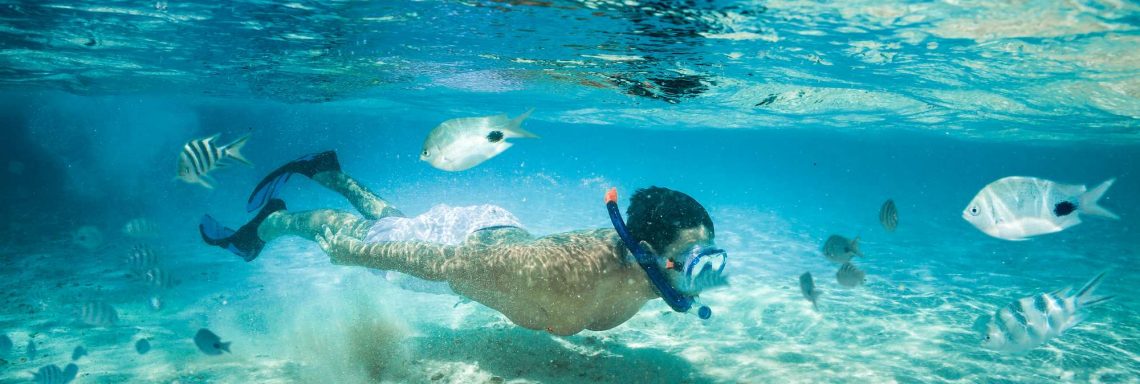 Club Med Kemer, en Turquie - Un homme fait de la plongée en apnée entourer de poissons